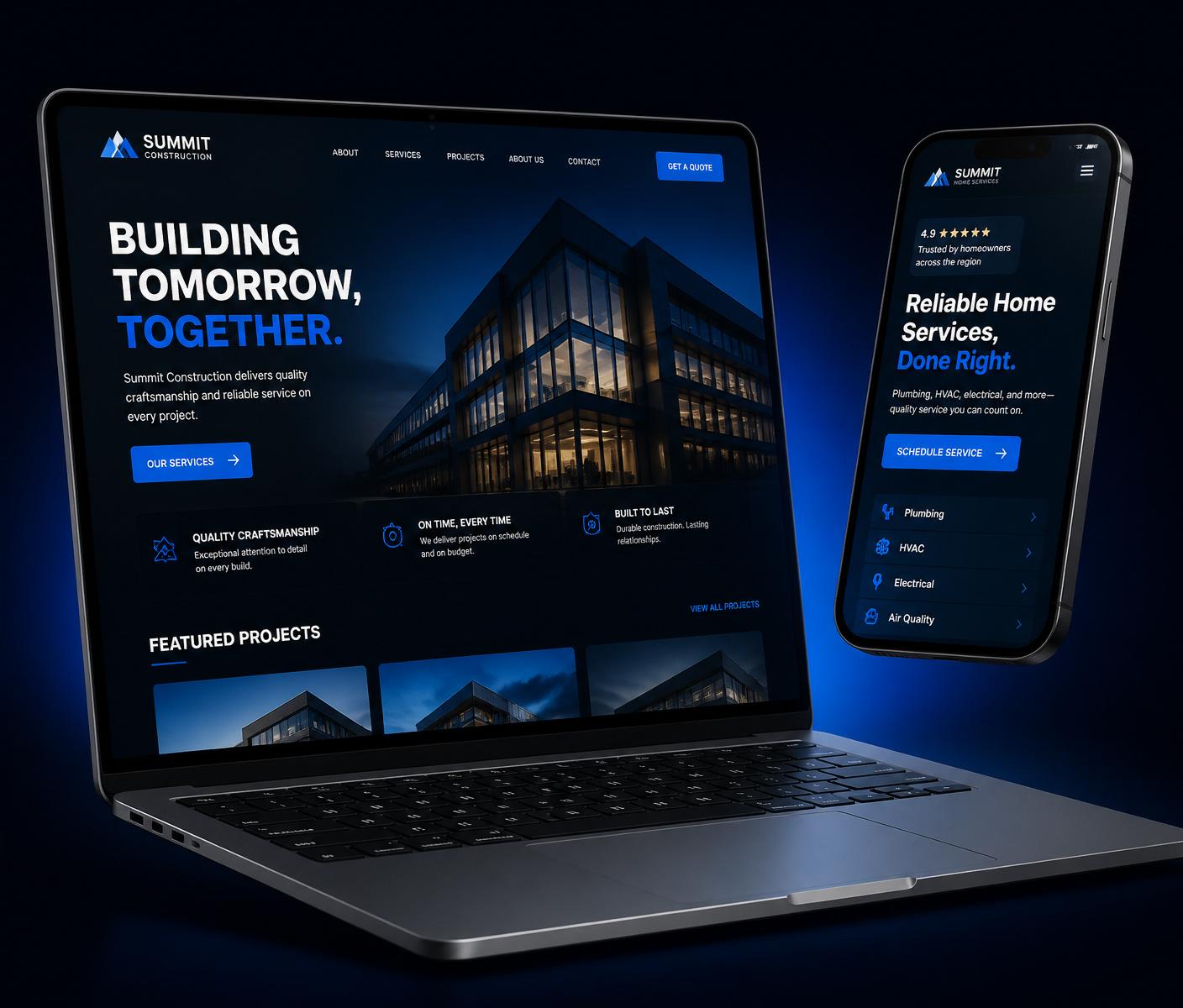 Modern website designs shown on a laptop and phone